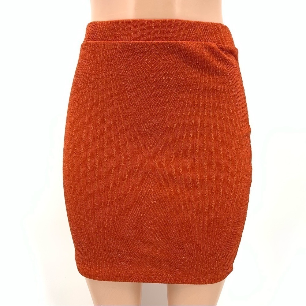 NWT Haute Monde Metallic Orange Stretch Knit Mini Skirt Size Large